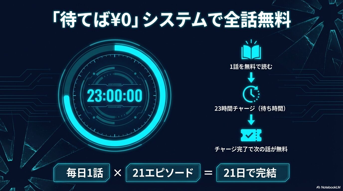 23時間のチャージ待ちを利用して、全21話を21日間で完結まで読み進める「待てば¥0」システムの仕組み。
