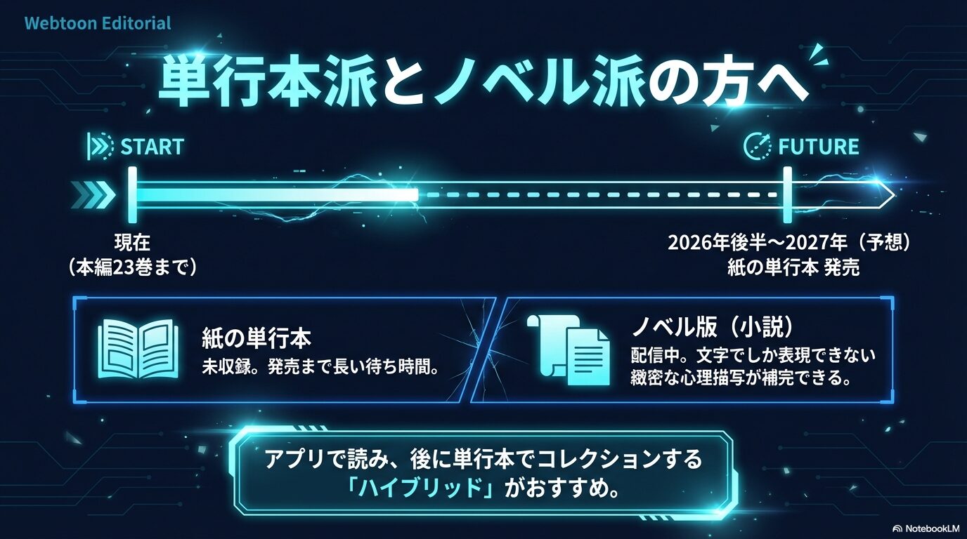 単行本の発売予想時期(2026年後半以降)と、心理描写に優れたノベル版の併用、アプリ先行読取のハイブリッド形式の提案。