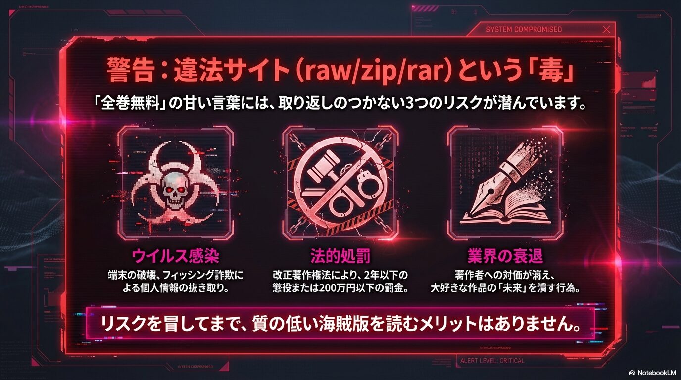 俺だけレベルアップな件の違法サイト（raw/zip/rar）利用によるウイルス感染、法的処罰、業界衰退のリスクを警告するスライド