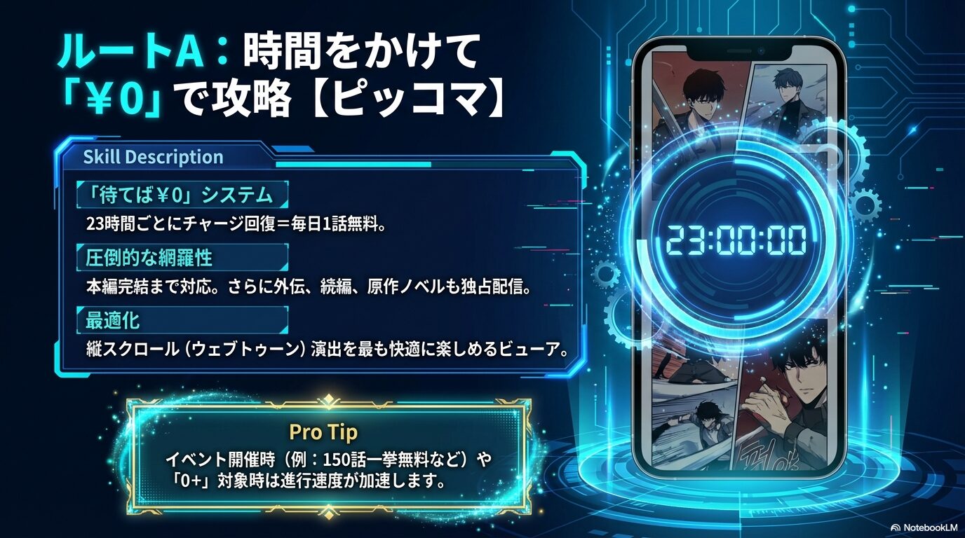 ピッコマで俺だけレベルアップな件の本編・外伝・続編を毎日無料で読み進める方法の解説図