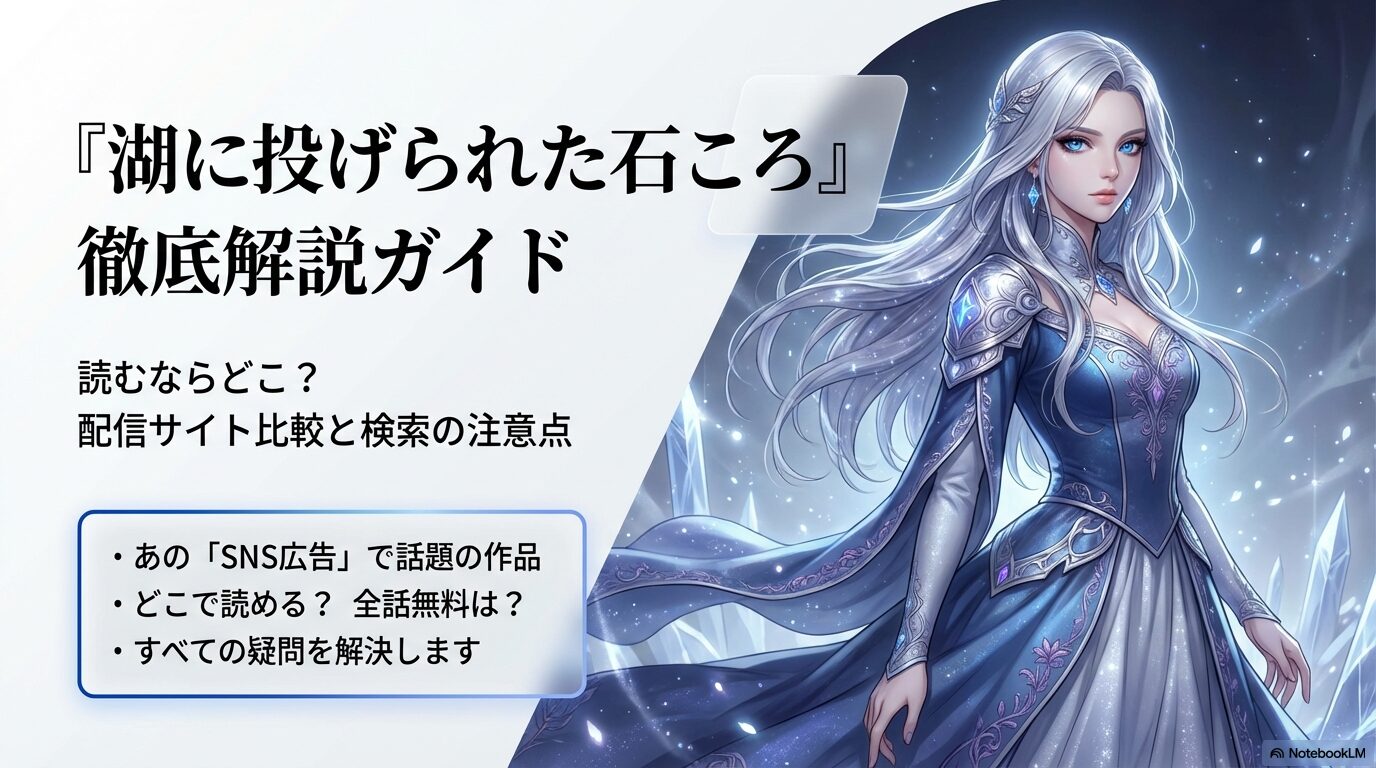 『湖に投げられた石ころ』徹底解説ガイドの表紙。読むならどこ？配信サイト比較と検索の注意点、SNS広告で話題の作品、全話無料についてなどの疑問を解決することを謳っている。