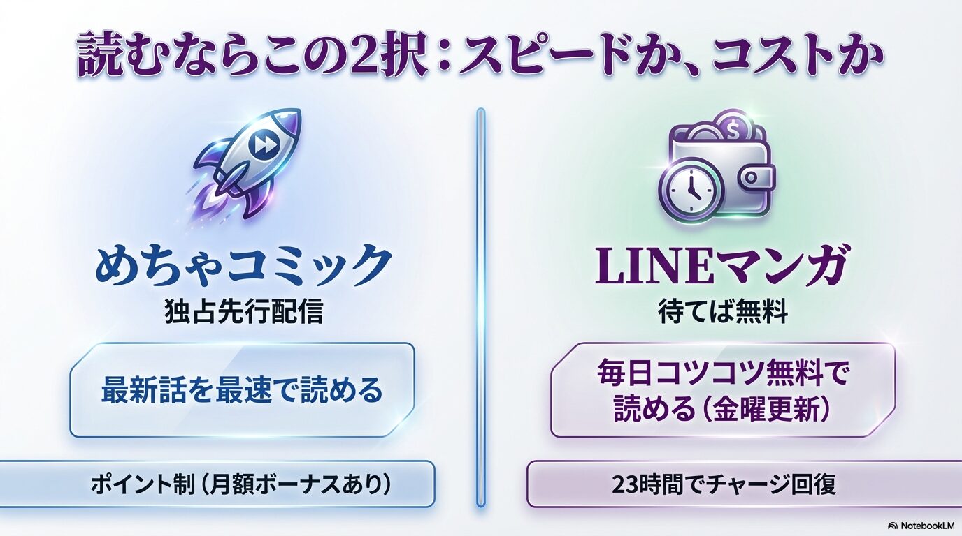 : 読むならこの2択：スピードか、コストか。めちゃコミックは独占先行配信で最新話を最速で読める（ポイント制）。LINEマンガは待てば無料で毎日コツコツ読める（金曜更新）。スピード重視のロケットと、コスト重視の財布と時計のイラスト。