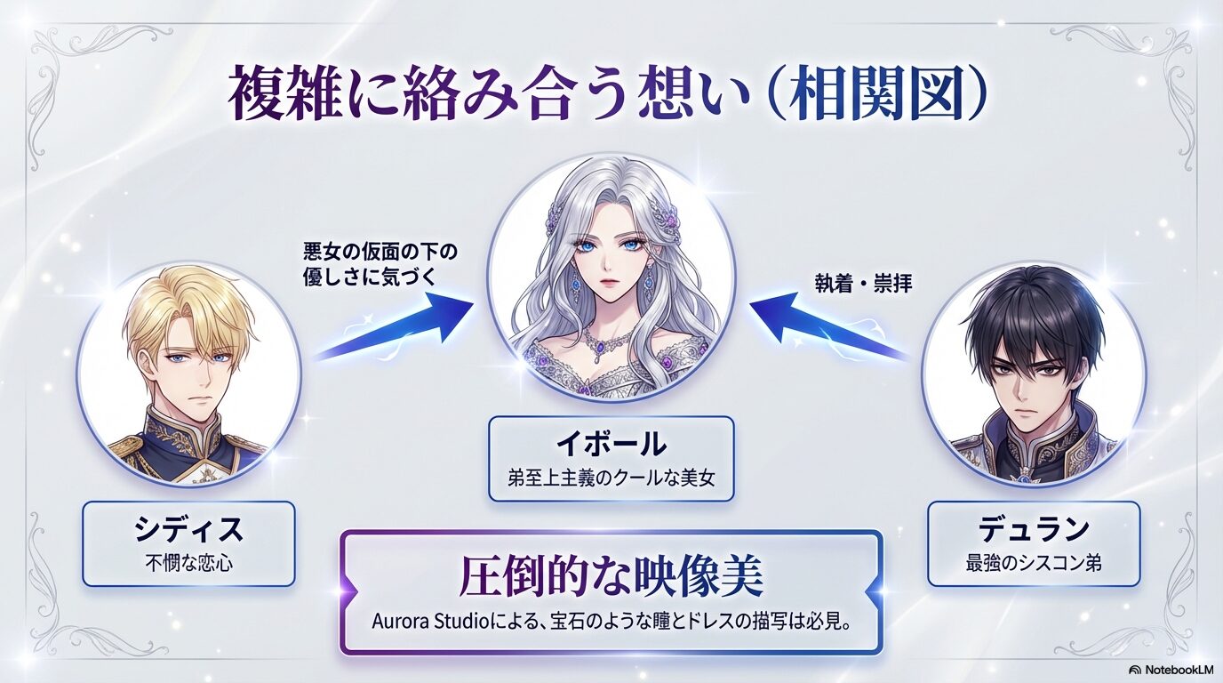 複雑に絡み合う想い（相関図）。主人公イボール（銀髪の美女）、弟デュラン（最強のシスコン）、王太子シディス（不憫な恋心）の3人のキャラクターイラストと、それぞれの関係性（執着・崇拝、優しさに気づく等）を示した