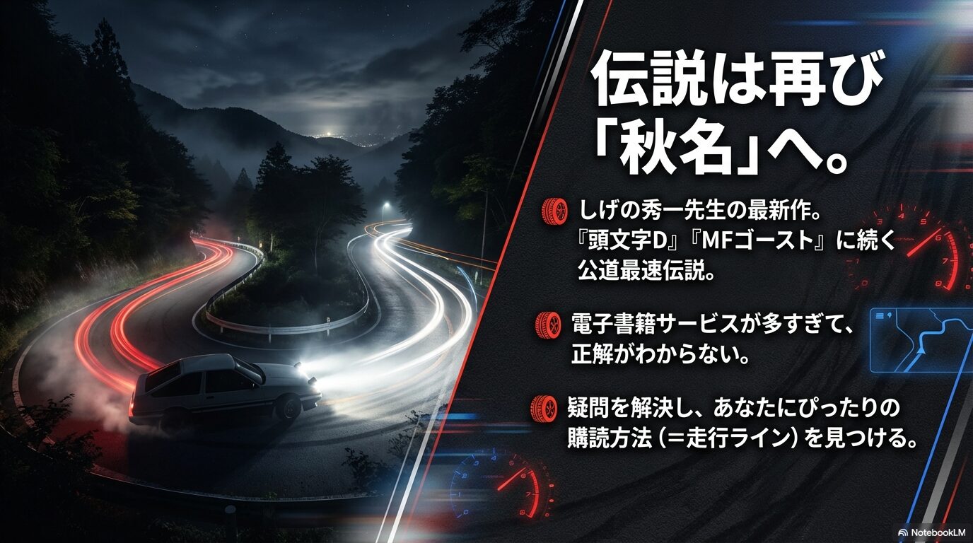 しげの秀一先生の最新作『昴と彗星』が『頭文字D』の聖地・秋名を舞台にしていることを紹介するスライド。