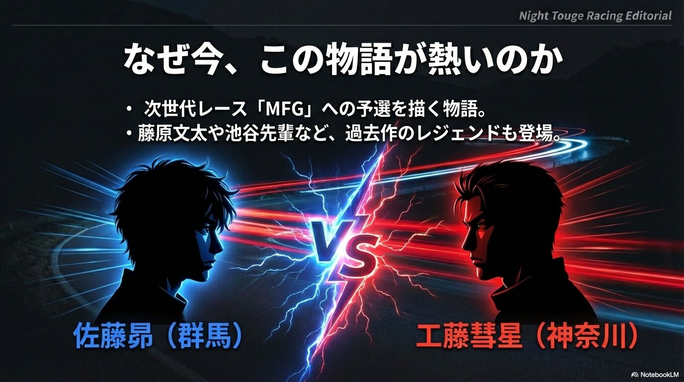 佐藤昴対工藤彗星の対決構造と、藤原文太などの過去作レジェンドが登場する物語の魅力を紹介する画像。