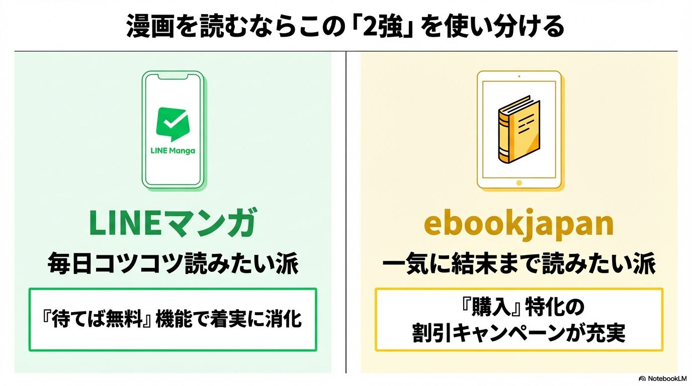 毎日コツコツ読むならLINEマンガ、一気に結末まで読むならebookjapanという漫画配信サービスの使い分け解説