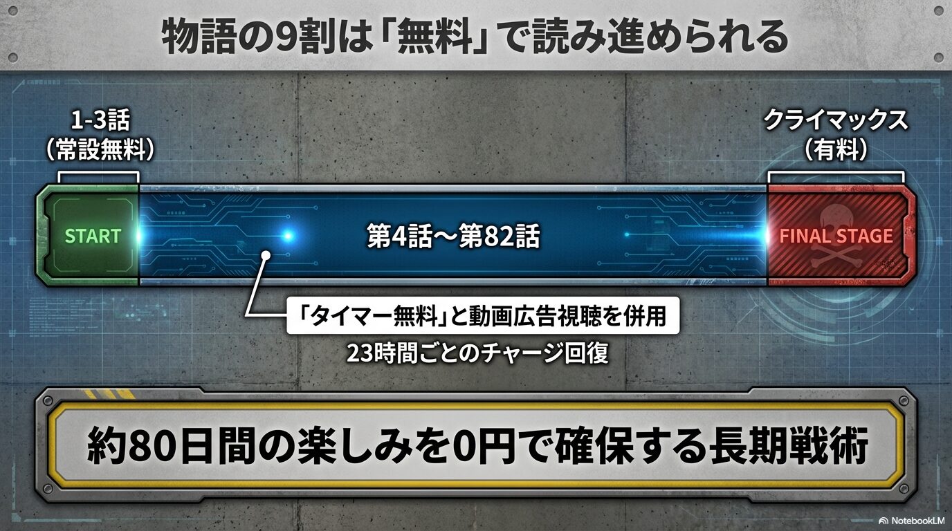 1-3話は常設無料、4-82話はタイマー無料と動画広告を併用し、物語の9割を無料で読み進める長期戦術の図解