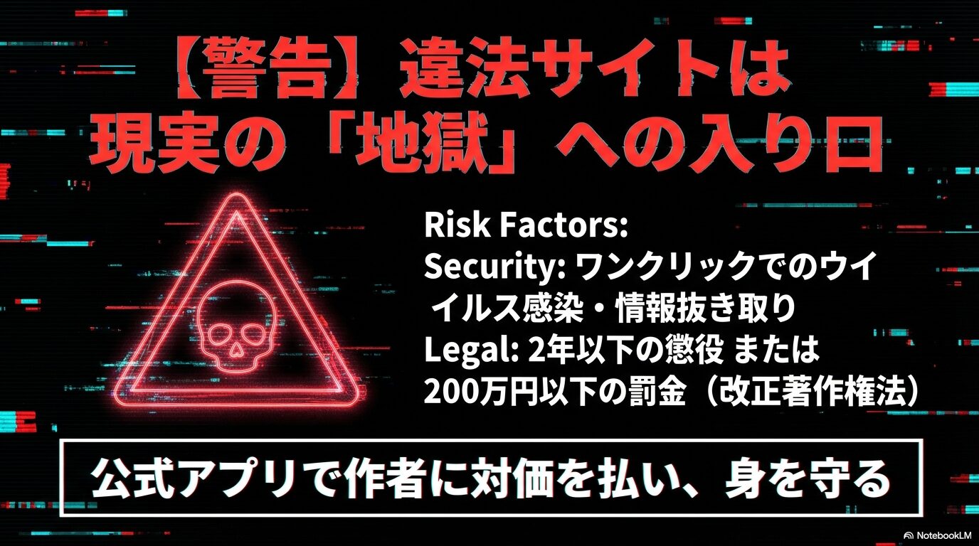 ウイルス感染や情報漏洩、2年以下の懲役または200万円以下の罰金など、改正著作権法に基づく違法サイトのリスク警告
