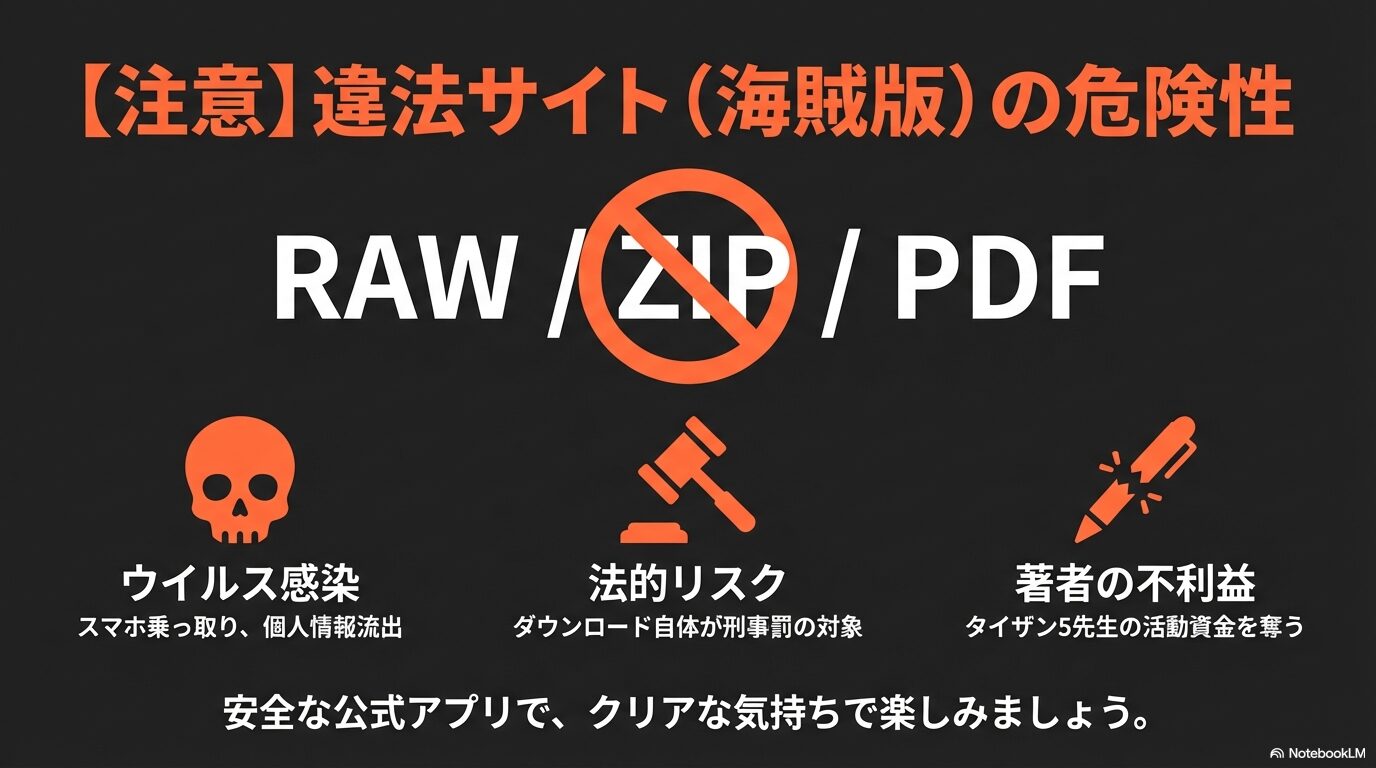 違法海賊版サイト（RAW, ZIP, PDF）の危険性。ウイルス感染、スマホ乗っ取り、法的リスク、著者への不利益についての警告。