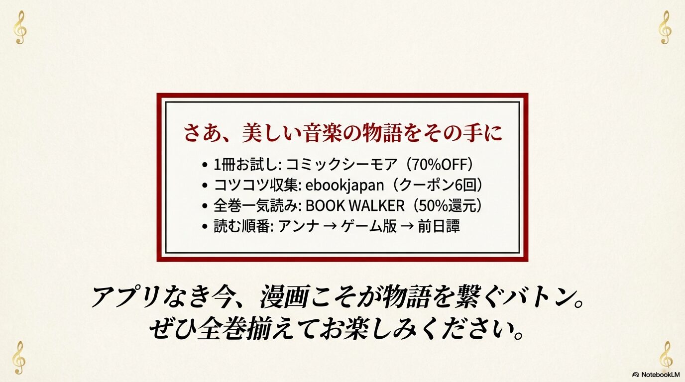 配信サイト比較と読む順番のまとめスライド。物語を繋ぐバトンとしての漫画版