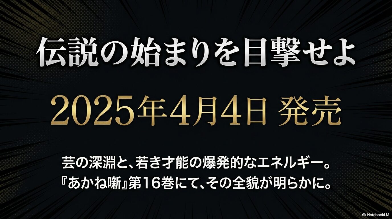 2025年4月4日発売の『あかね噺』第16巻でタタラシドーの全貌が明らかになることを告げる、記事のまとめスライド。