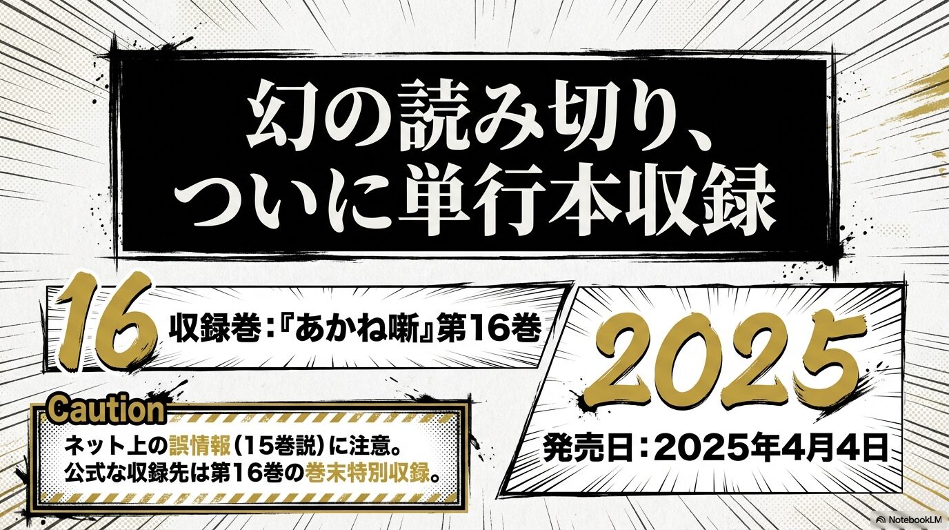 タタラシドーが『あかね噺』第16巻の巻末に特別収録されること、発売日が2025年4月4日であることを示す図解スライド。