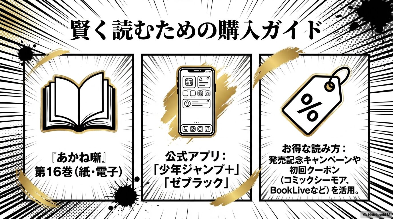 公式アプリや初回クーポンを活用して『あかね噺』第16巻を賢く読むための手順を示したガイドスライド。