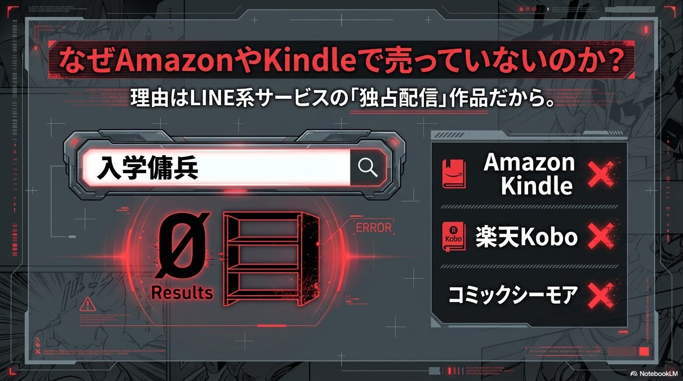『入学傭兵』はLINE系サービスの独占配信作品であり、Amazon Kindleや楽天Kobo、コミックシーモアでは配信されていないことを示す図解。