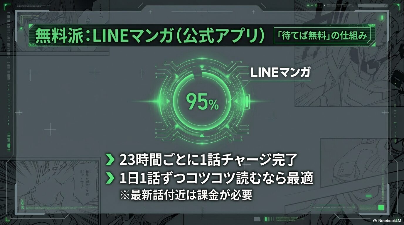 23時間ごとに1話分チャージされ、1日1話ずつコツコツ無料で読み進められるLINEマンガのシステム解説図。