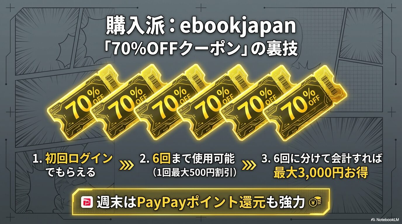 初回ログインでもらえる70%OFFクーポンを6回に分けて使用し、最大3,000円お得に購入する裏技の解説。