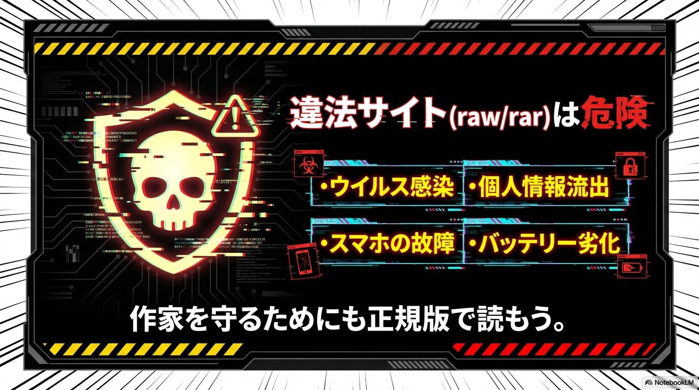 漫画の違法サイト利用によるウイルス感染、個人情報流出、スマホ故障などのリスクを警告する画像。