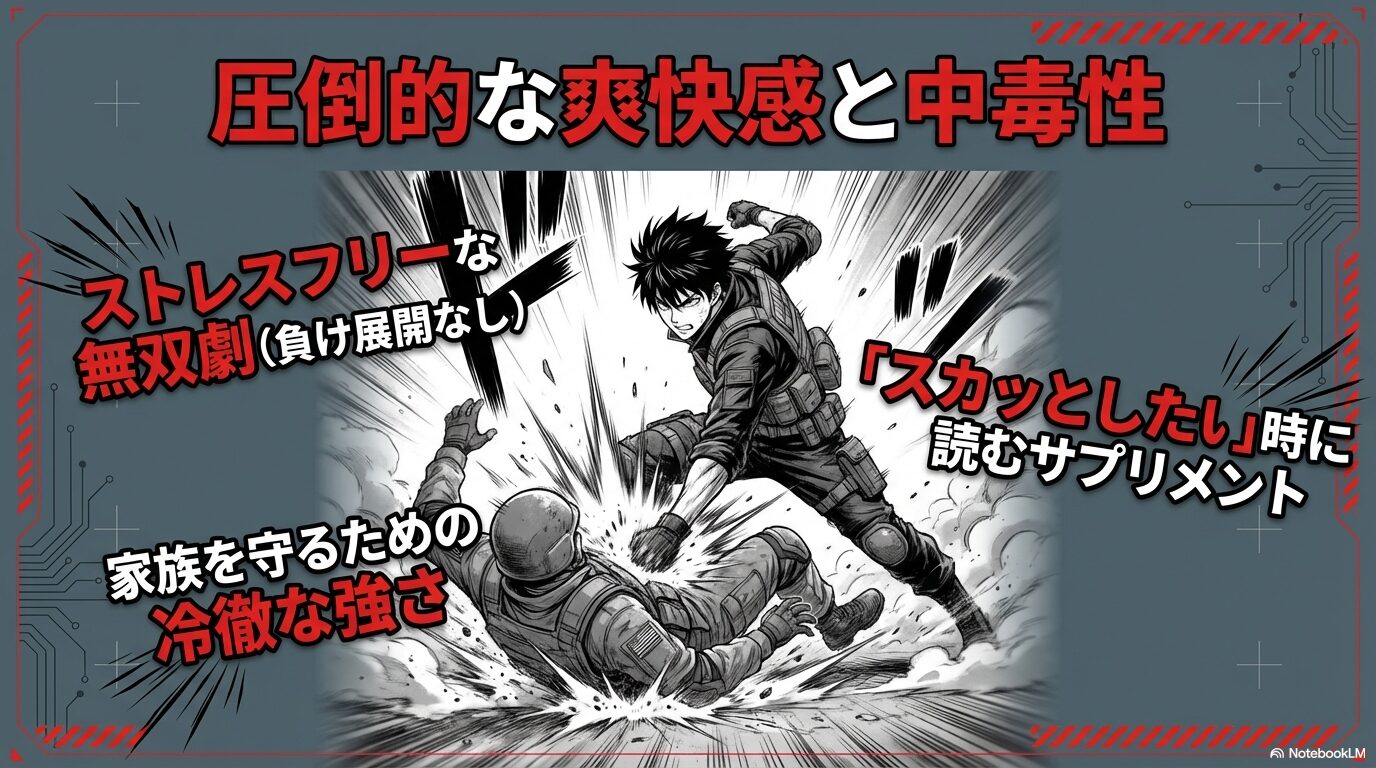 ストレスフリーな無双劇、家族を守るための強さなど、読者を惹きつける作品の魅力を解説したスライド。