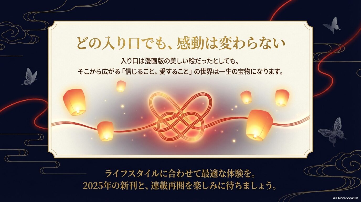 ライフスタイルに合わせた体験と、新刊・連載再開を楽しみに待つメッセージを添えたスライド