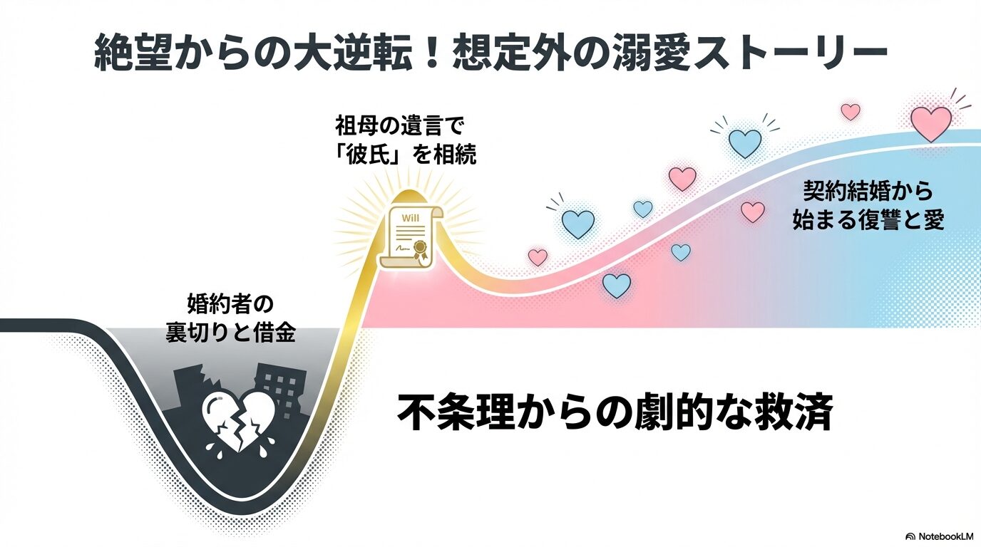 漫画「年下彼を相続しました」のコンセプト。祖母の遺言で彼氏を相続し、契約結婚から復讐と愛が始まる物語のイメージ。