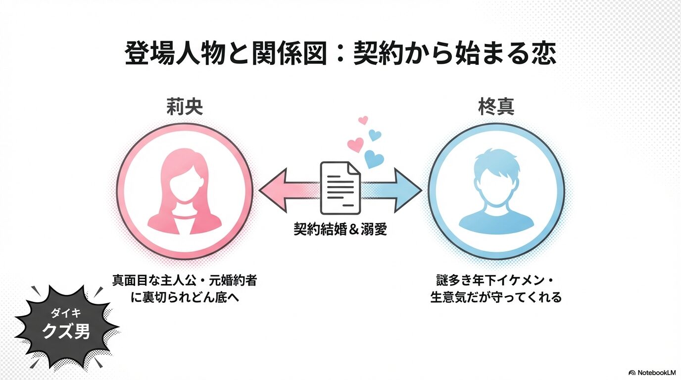 莉央(真面目な主人公)と柊真(謎多き年下イケメン)の契約結婚と溺愛の関係、および元婚約者ダイキとの相関図。