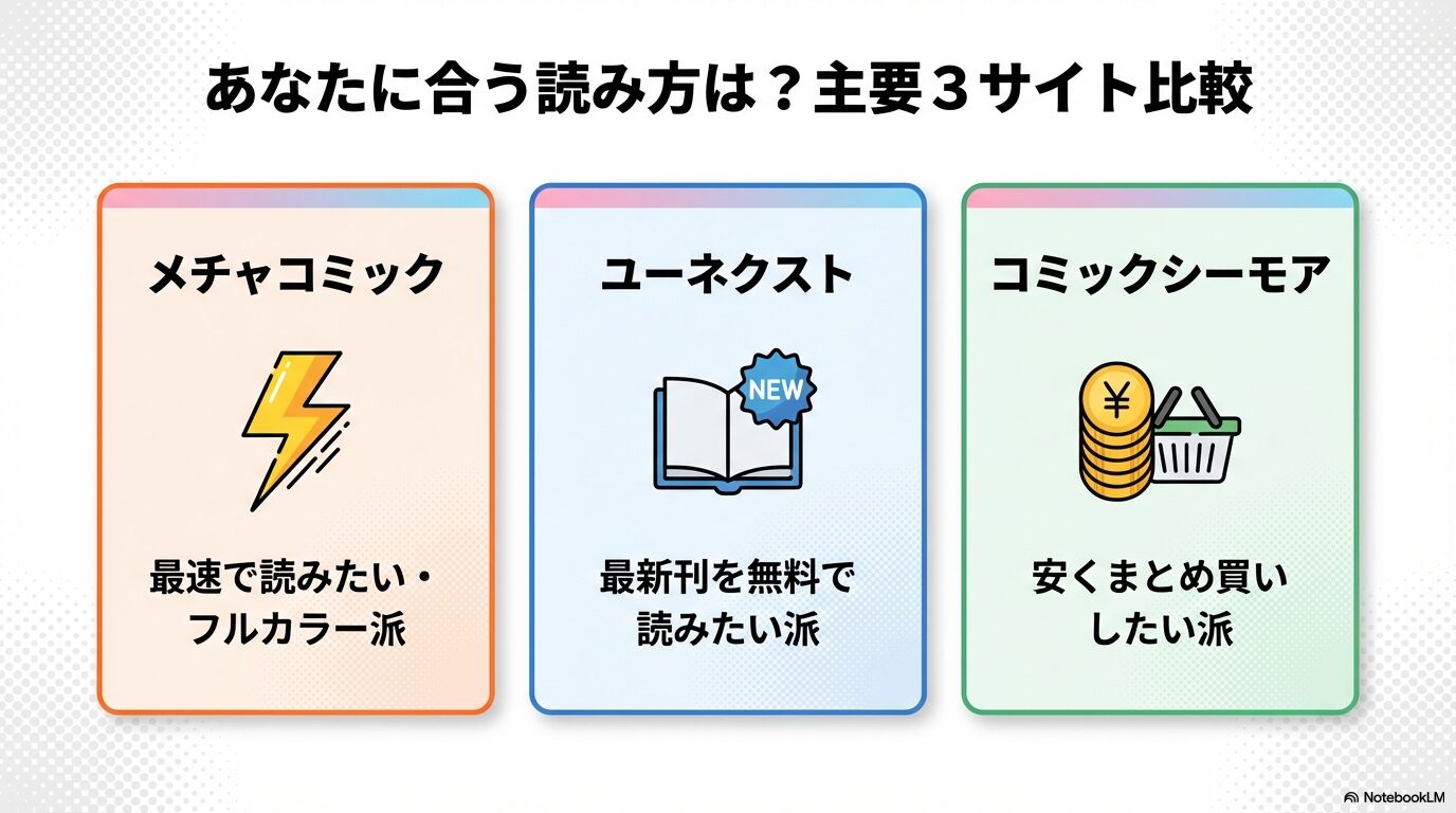 めちゃコミック(最速・フルカラー)、U-NEXT(最新刊無料)、コミックシーモア(まとめ買い)の3サイトをタイプ別に比較した図解。
