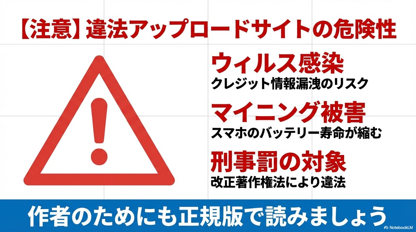 違法サイト利用によるウィルス感染、マイニング被害、改正著作権法による刑事罰対象のリスクを説明した注意喚起。
