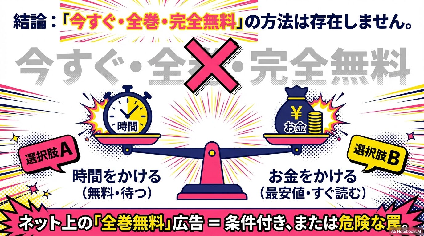 天秤のイラストで「時間をかける(無料・待つ)」と「お金をかける(最安値・すぐ読む)」を比較し、今すぐ全巻完全無料の方法は存在しないと結論づける図解 。