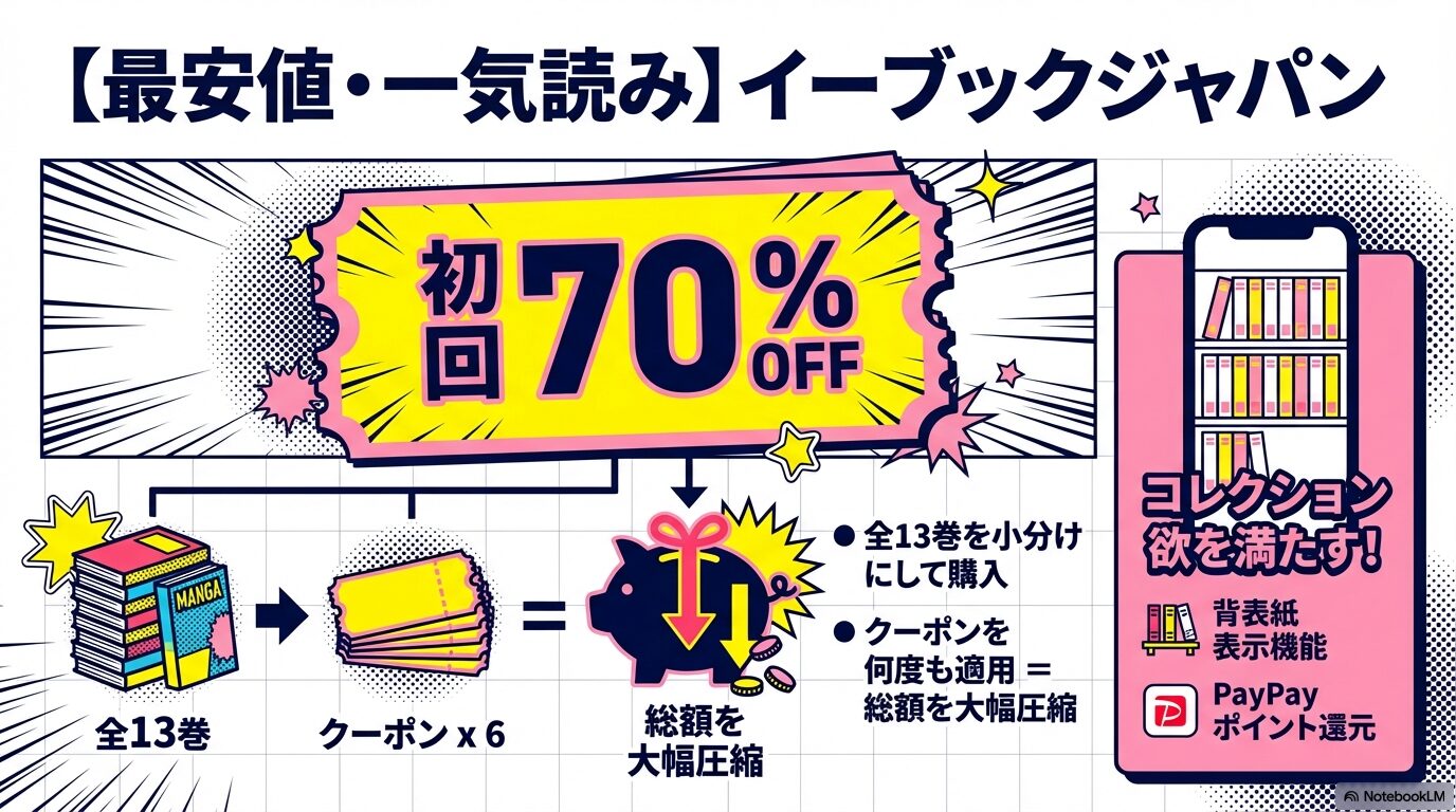 eBookJapanの初回70%OFFクーポンを6回適用し、全13巻を小分け購入して総額を大幅圧縮する方法と、背表紙表示機能の紹介 。