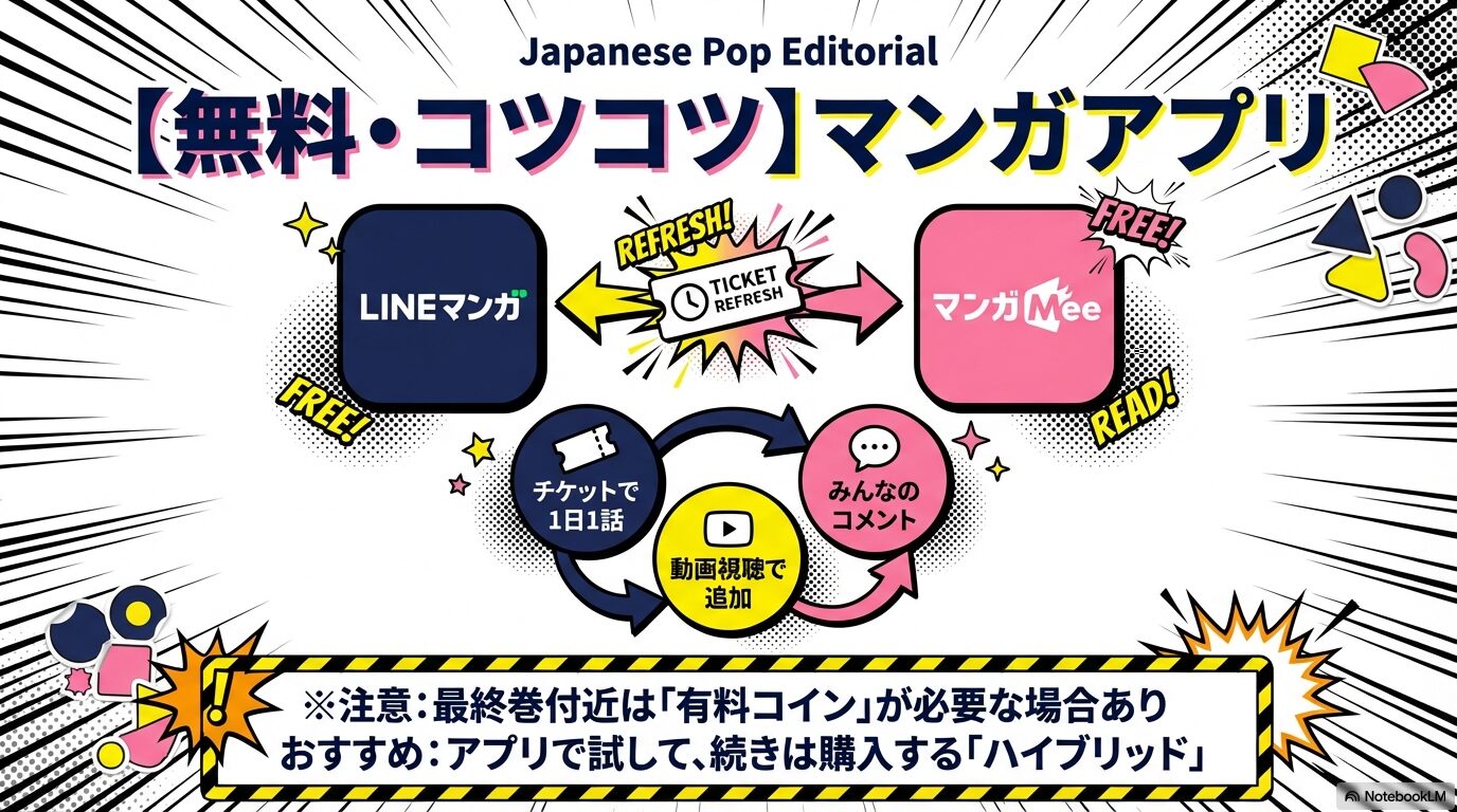 LINEマンガやマンガMeeでチケットや動画視聴を使い1日1話ずつ無料で読む方法。最終巻付近は有料の可能性があるためハイブリッド読みを推奨