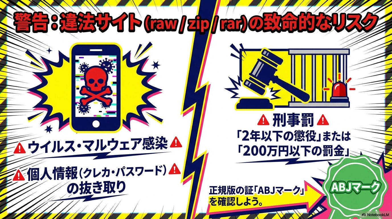 違法サイト利用によるウイルス感染、個人情報抜き取り、2年以下の懲役や200万円以下の罰金といった刑事罰のリスク警告と、ABJマークの確認推奨 。