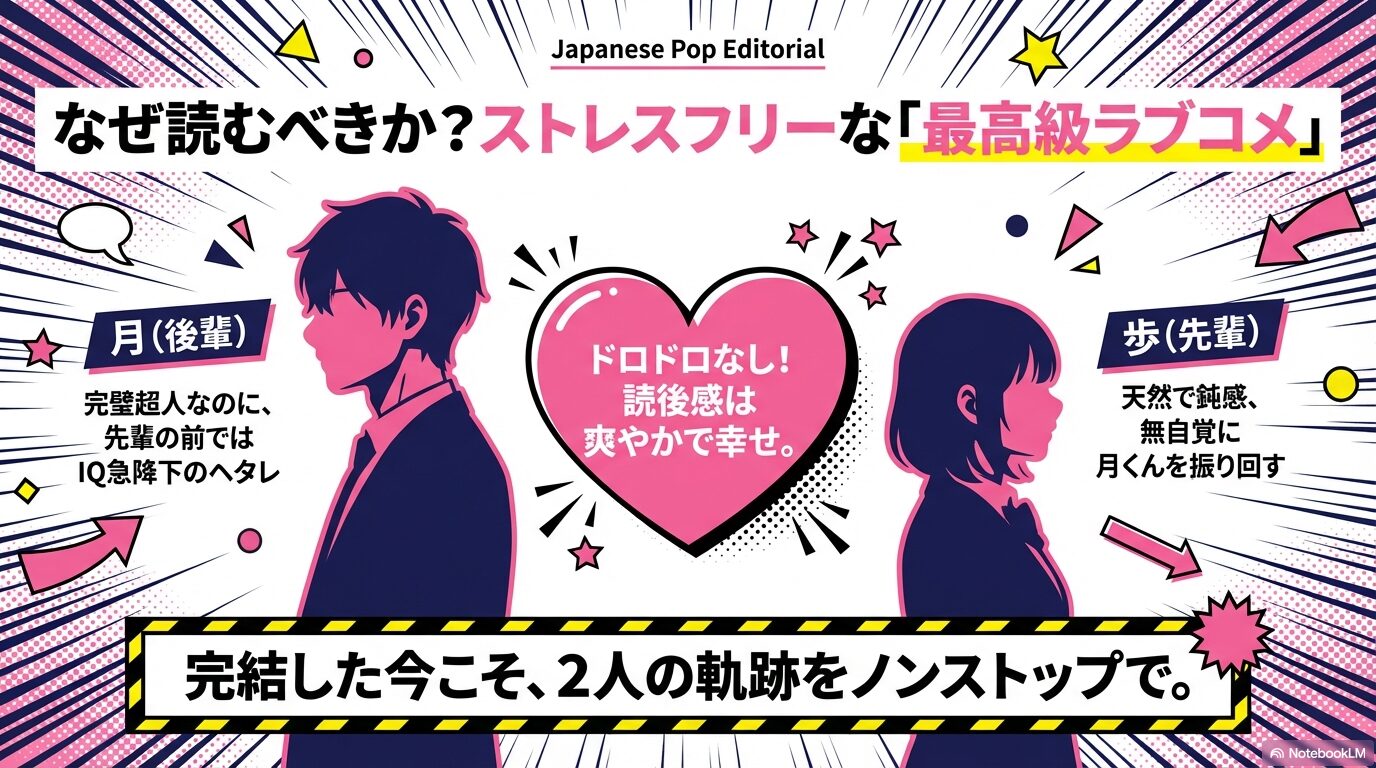 完璧超人なのに先輩の前ではIQが急降下する月(三月)と、天然で無自覚に月を振り回す歩先輩の関係性を紹介するストレスフリーなラブコメの魅力図解 。