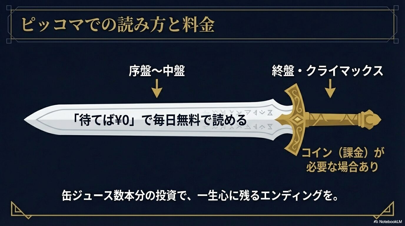 ピッコマの待てば0円システムと、終盤のクライマックスにおける有料コイン課金の必要性についての解説図。