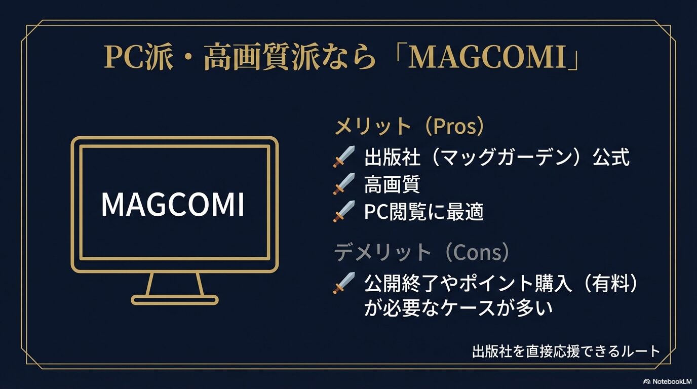 マッグガーデン公式サイトMAGCOMIで剣の王国を読むメリット(高画質、公式支援)とデメリット(有料ポイント購入)の比較。