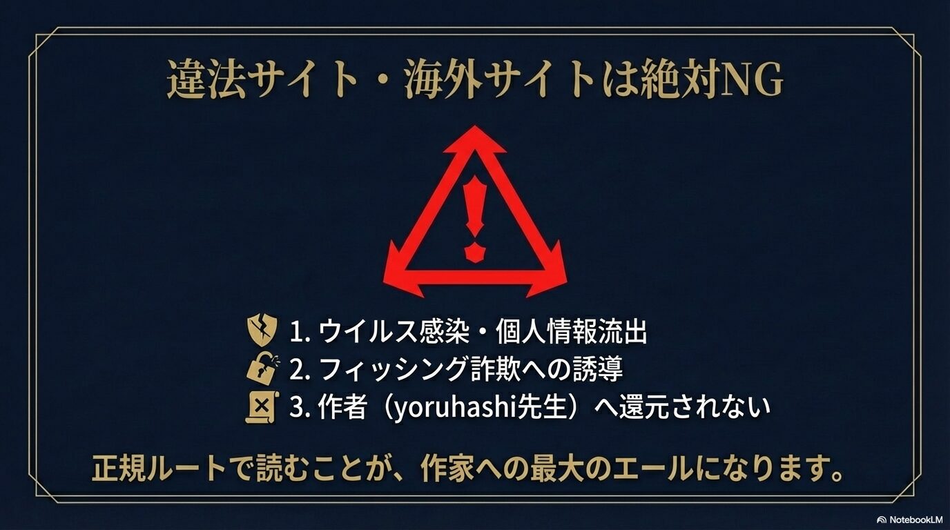 ウイルス感染やフィッシング詐欺のリスクがあり、作者へ還元されない違法海賊版サイト利用を禁止する警告図。