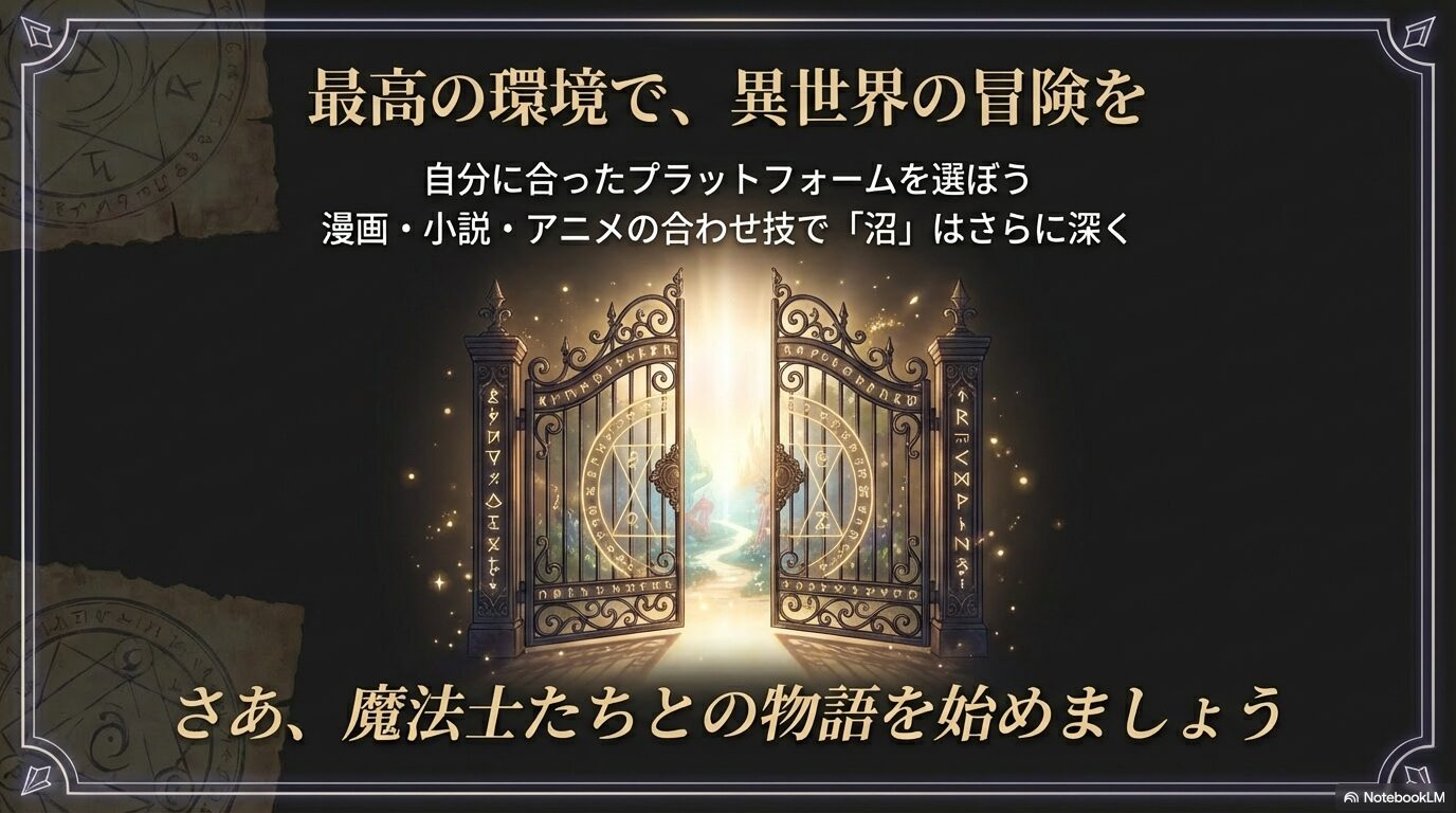 ツイステッドワンダーランドの異世界の門が開くイメージ。自分に合ったプラットフォームで冒険を始めるメッセージ。