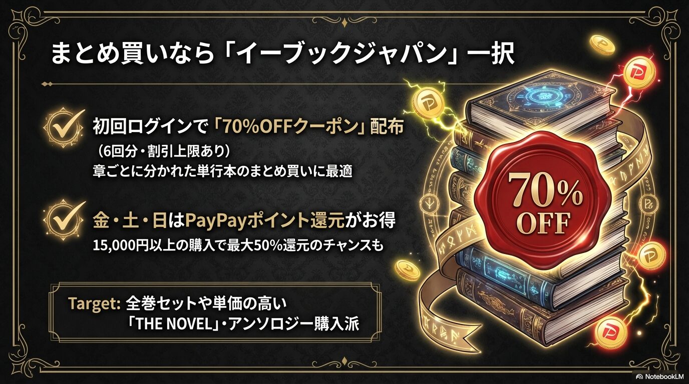 ebookjapanの初回特典70%OFFクーポンとPayPayポイント還元のメリットを説明するスライド。まとめ買いに最適。