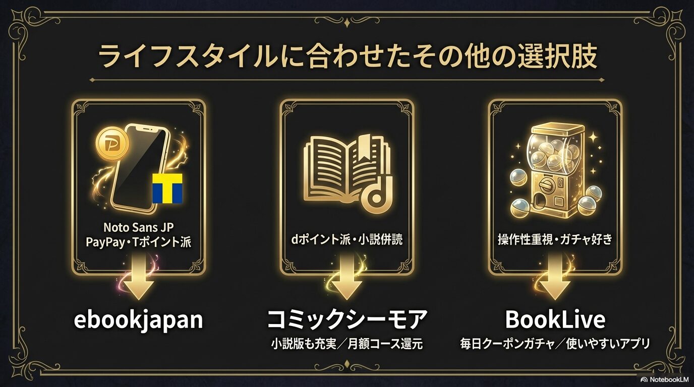 PayPay派、dポイント派、操作性重視など、ユーザーのライフスタイルに合わせたおすすめ電子書籍ストアの比較図。