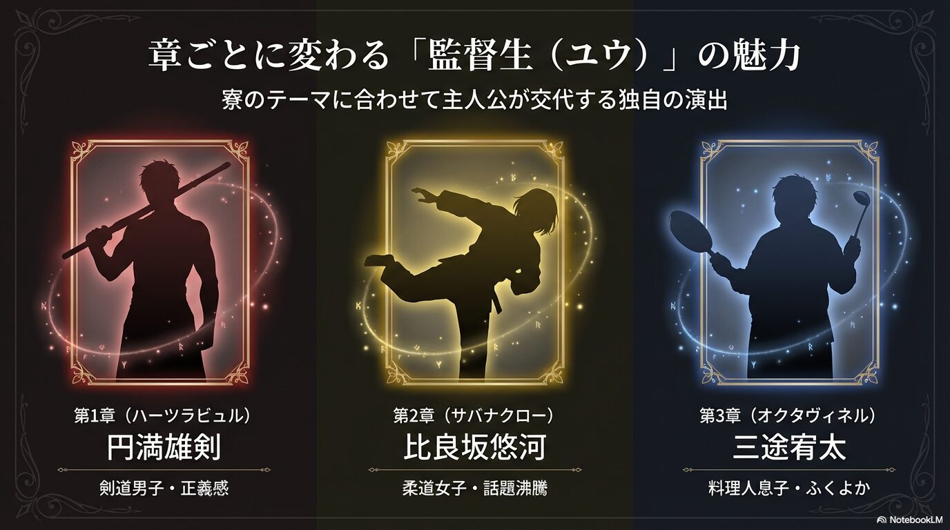 第1章から第3章までの各コミカライズ版で異なる監督生(円満雄剣、比良坂悠河、三途宥太)のシルエット画像。