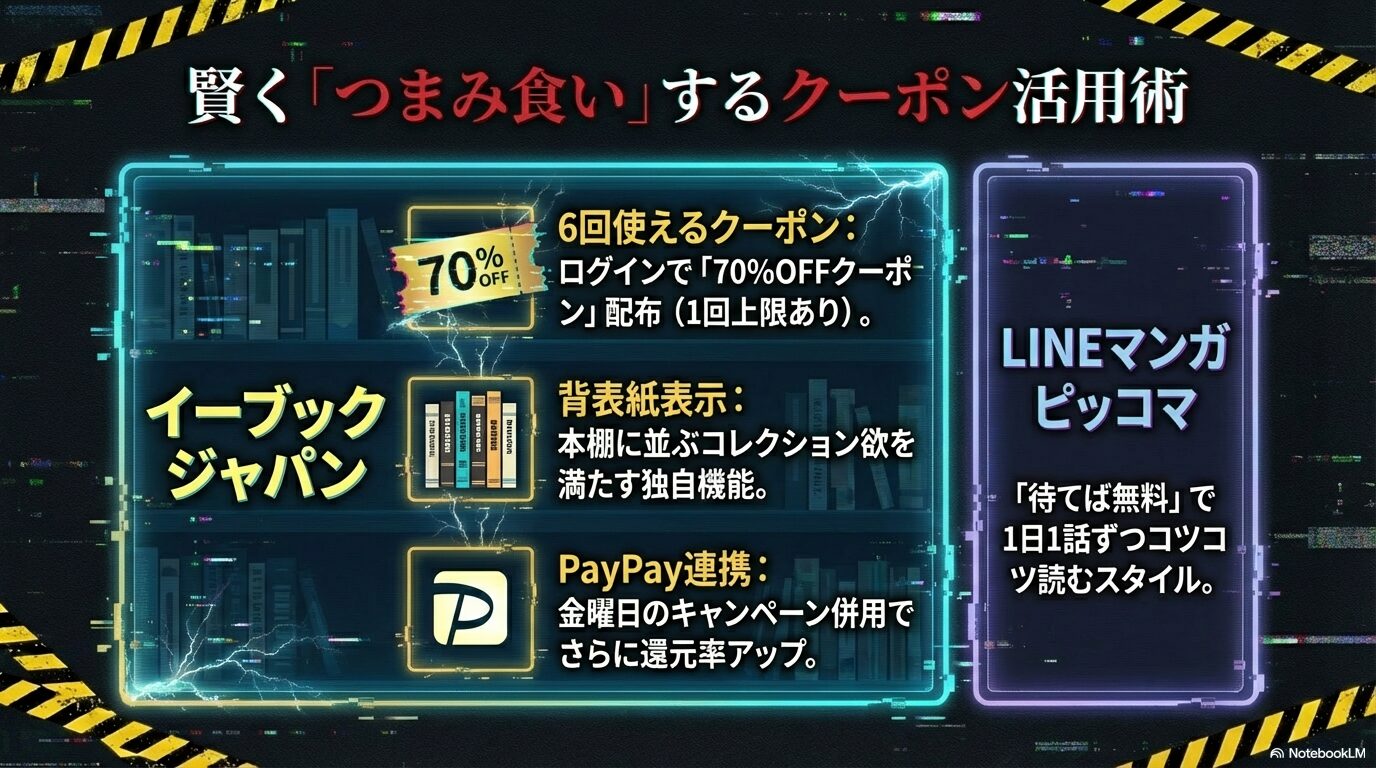 eBookJapanの70%OFFクーポン配布や、LINEマンガ・ピッコマの待てば無料スタイルの紹介。