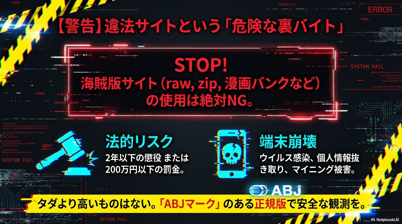 海賊版サイトによる罰金刑のリスクや、ウイルス感染・個人情報抜き取りといった端末崩壊の危険性への警告。