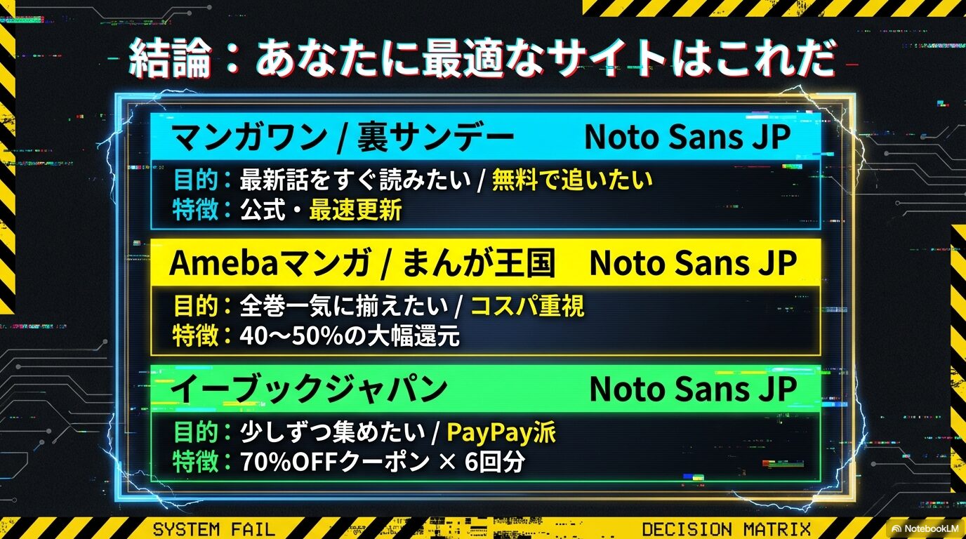 的(最新話、全巻、コスパ)に合わせた最適な配信サイトの結論マトリックス。