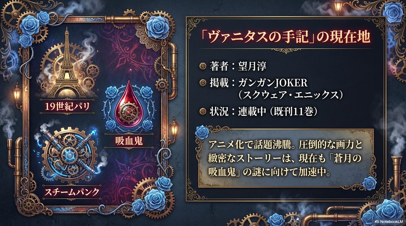 19世紀パリ、スチームパンク、吸血鬼をテーマにした望月淳の漫画「ヴァニタスの手記」既刊11巻の作品紹介スライド
