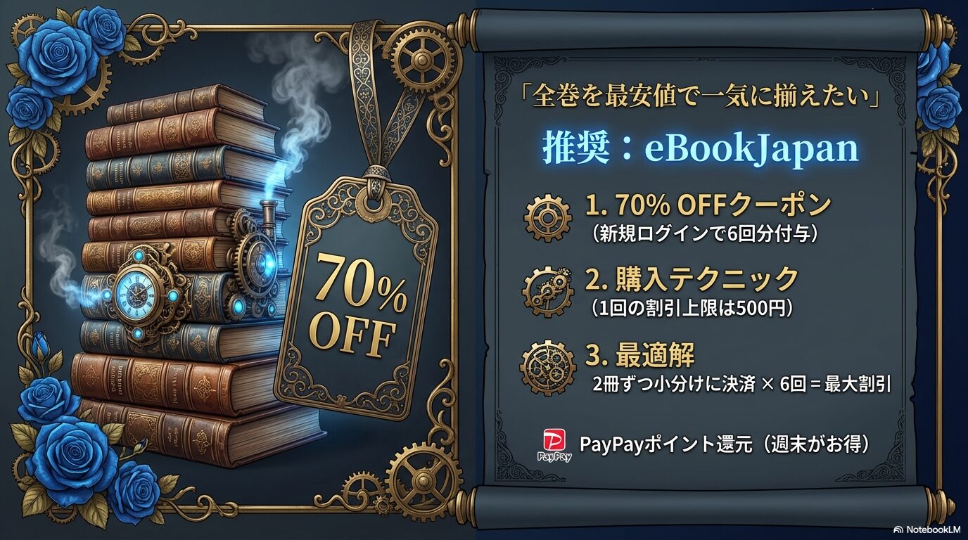 eBookJapanの初回70%OFFクーポンを、2冊ずつ6回に分けて小分け決済し、最大割引を受けるテクニックを解説した画像