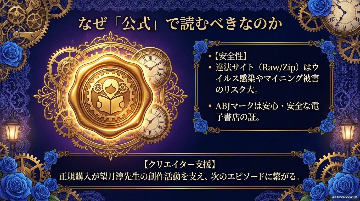 : 違法サイトのウイルス感染リスクと、安心の証であるABJマーク、クリエイター支援に繋がる正規購入の大切さを伝える解説スライド