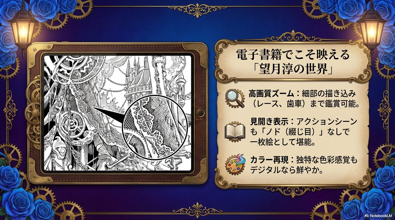 高画質ズームによる細部の描き込み鑑賞や、ノドなしの見開き一枚絵表示など、デジタルならではの「ヴァニタスの手記」の楽しみ方の紹介スライド