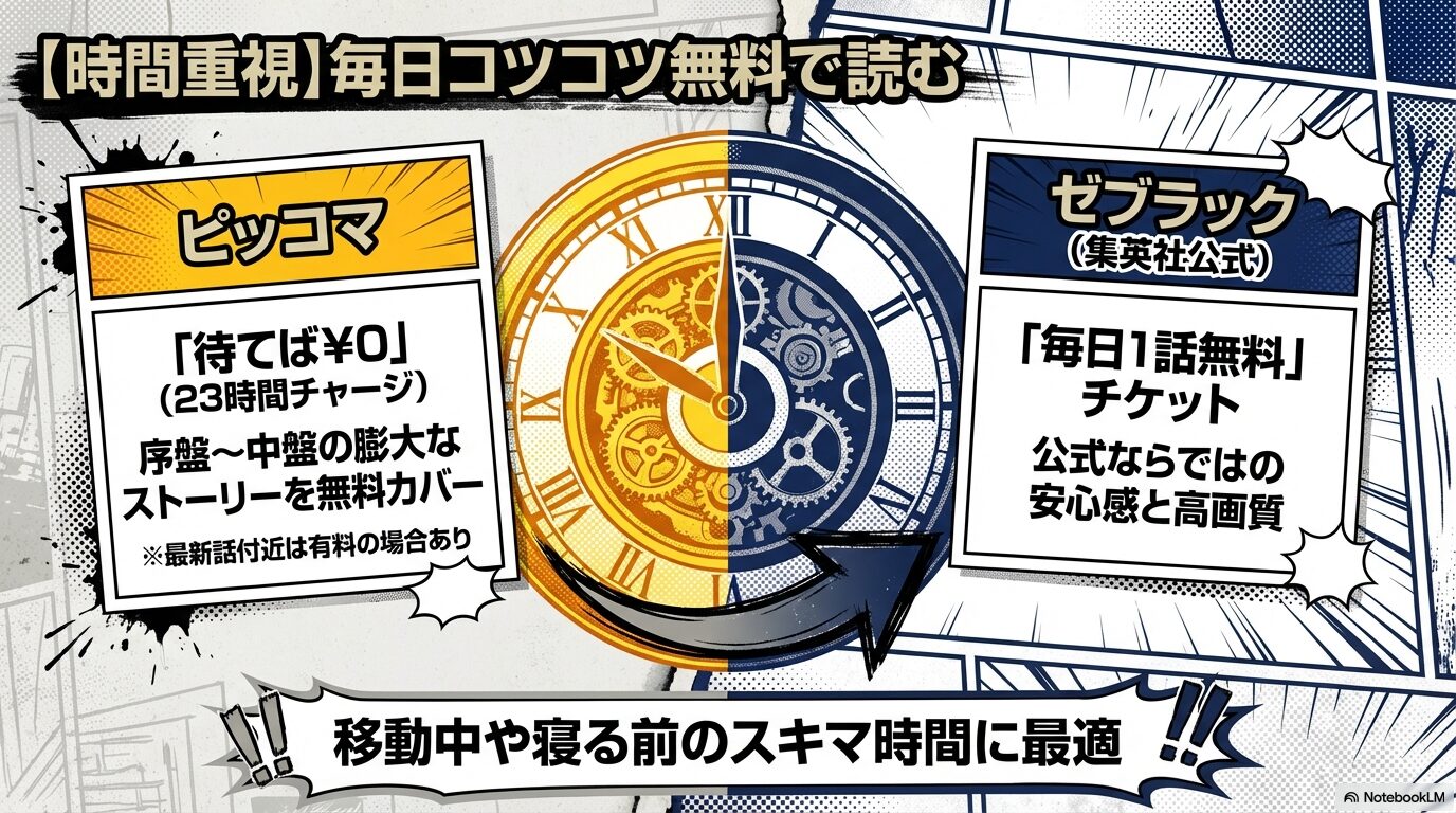 ピッコマの待てば0円とゼブラックの毎日1話無料チケットの仕組み解説スライド