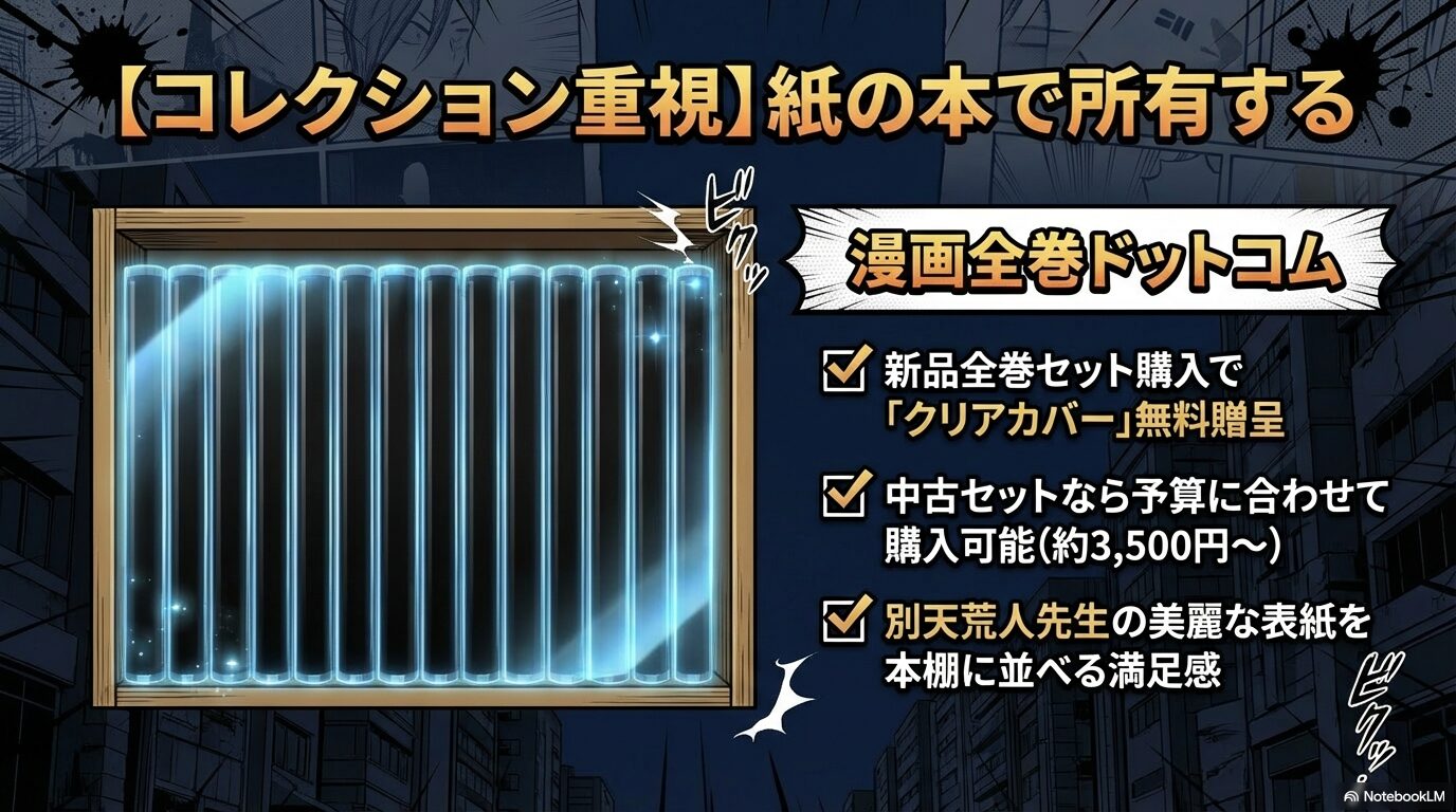 漫画全巻ドットコムの新品全巻セット購入で無料贈呈されるクリアカバーの案内スライド