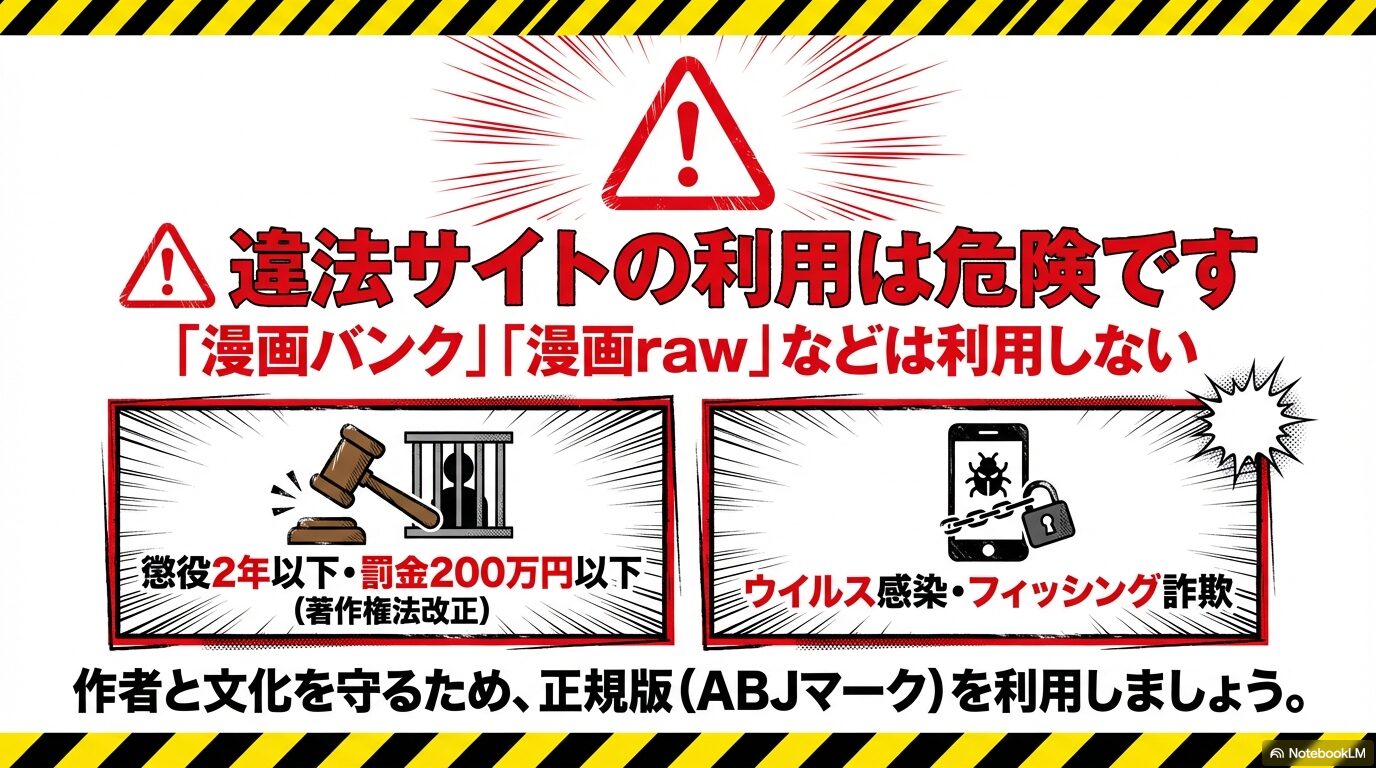 著作権法改正による懲役・罰金リスクとウイルス感染・フィッシング詐欺の警告スライド
