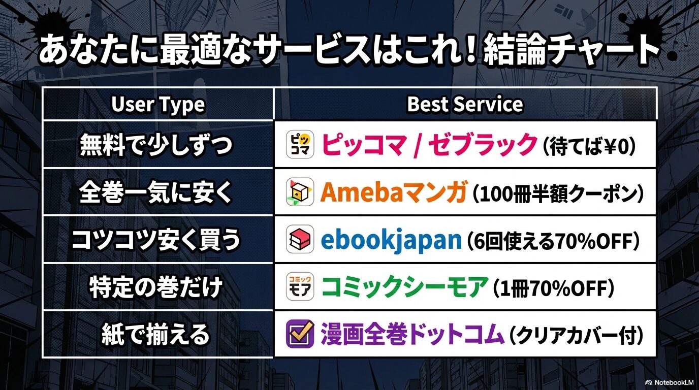 無料でコツコツ、全巻一気、特定巻などユーザータイプ別の最適サービス結論一覧表